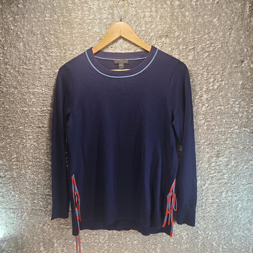 J Crew Side Slit Long Sleeve Sweater With Stripe Ties Merino Wool Navy Small